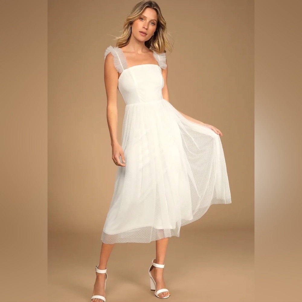 Lulu’s Divine Invitation White Cream Dot Tulle Ruffle Fun Midi Bridal Dress